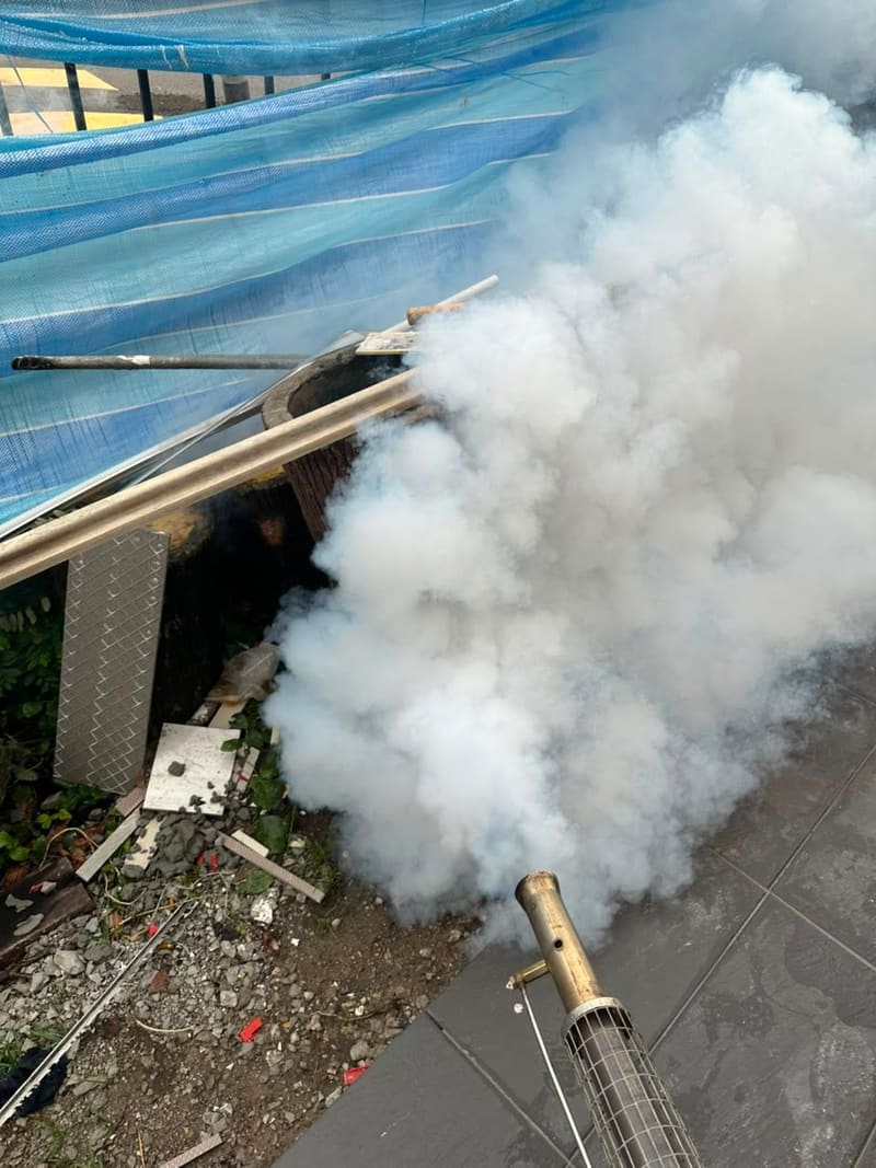 Technician thermal fogging for mosquitoes beside a construction hoarding