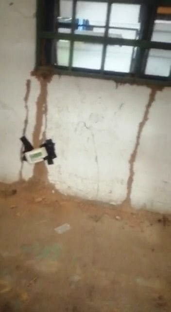 Termite mud tubes on a wall below a window, with a bait station installed